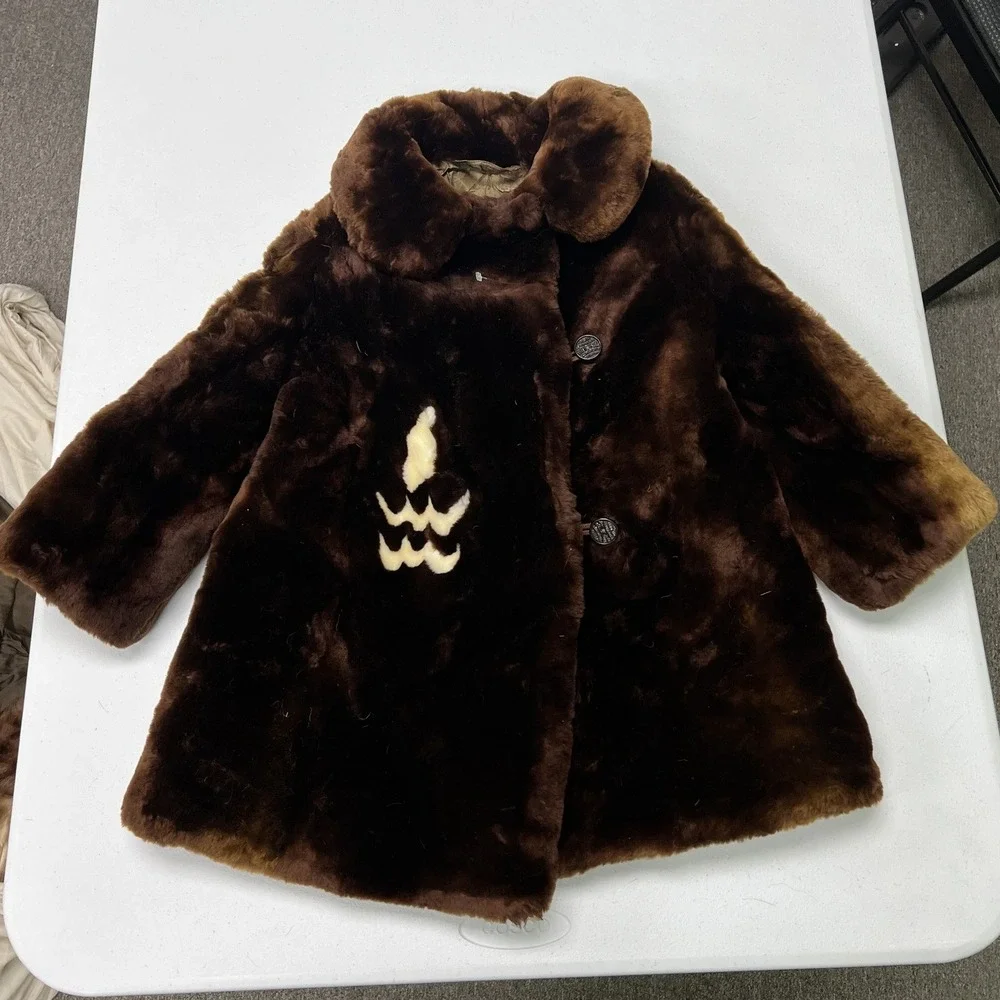 Vintage Soviet Faux Fur Coat Kids 28 Brown 1973 USSR Plush Flame Detail Jacket